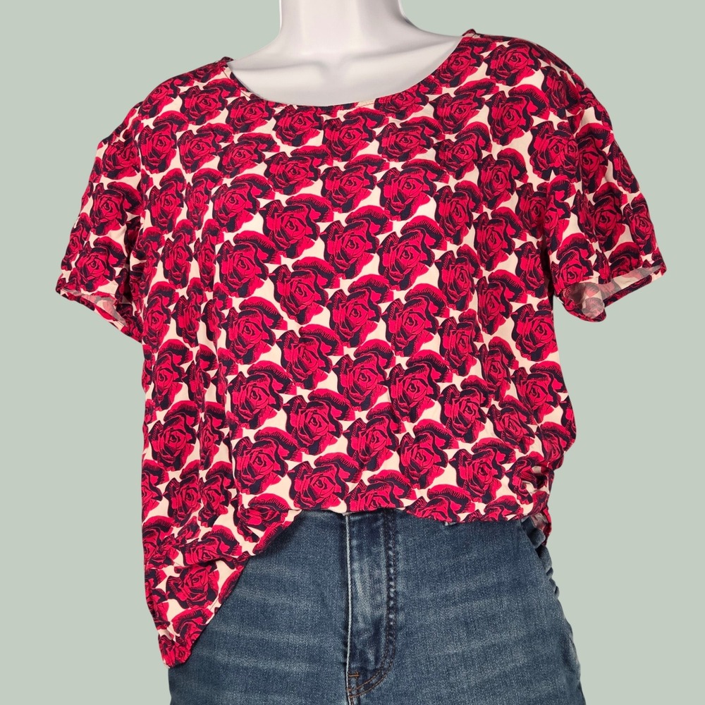Peter Som Womens Medium Floral Pop Art Short Sleeve Blouse Pink Navy Rose RTR